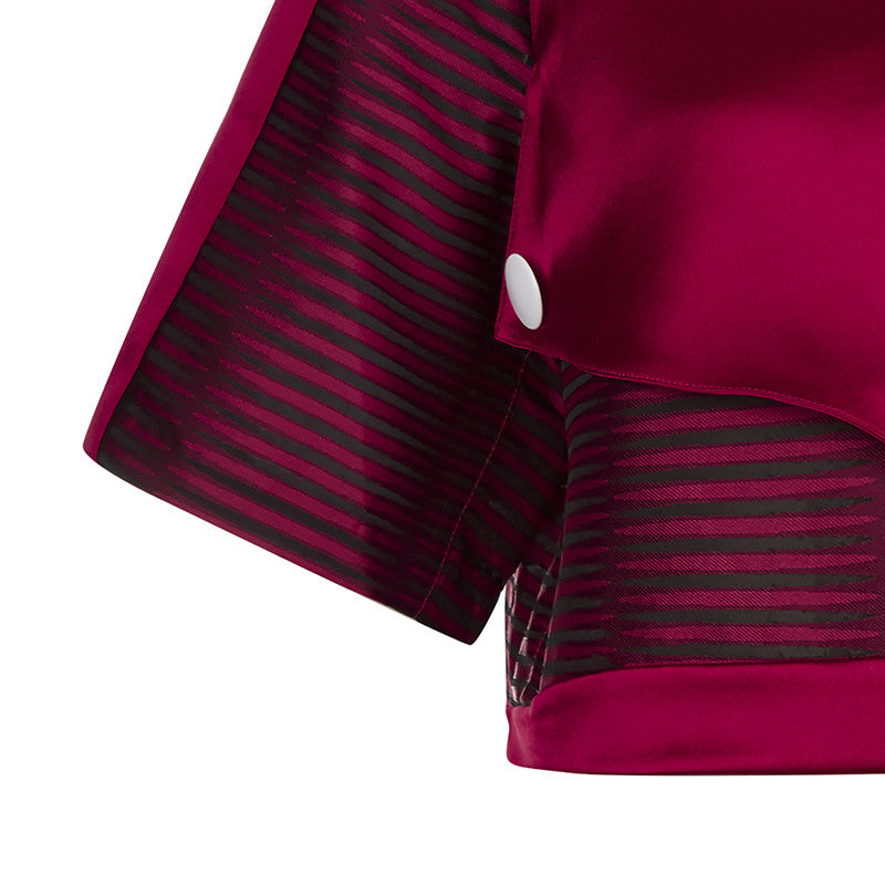 Red Officer Crop top blouse sleeves red solid stripe satin front close-up image photo picture