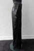 Shiny PVC style looser cut trouser with curved back panel.  Extra long legs good for taller person.  In black colour.  Size 10  Inseam 86cm, Outseam 118cm  73% Acrylic, 22% Nylon, 3% Elastine Lining 100% Nylon Dry Clean Only  Made in England