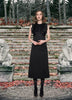 Black Vic Dress midi length a-line dress. Intricate black contrast jacquard fabrics and diamond appliques attached above waist for a couture feel.