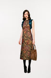 Vic Dress long sleeveless gold brass burgundy copper green trim floral jacquard front model image photo picture