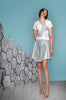 Layered Top asymmetrical blouse white shiny beige hexagon blue silver stripe model image photo picture 