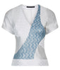 Layered Top asymmetrical blouse white beige hexagon blue silver stripe front image photo picture shiny