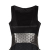 Black Burgundian Dress long formal evening gown sleevelss black silver hexagon texture piping front close-up image photo picture