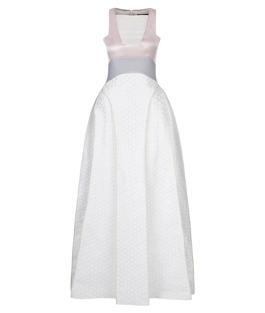 Burgundian Dress formal long sleeveless gown white hexagon black mesh pink satin front image photo picture