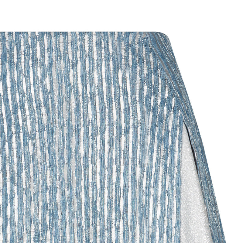 Blue Split Godet Skirt blue silver stripe texture front close-up image photo picture
