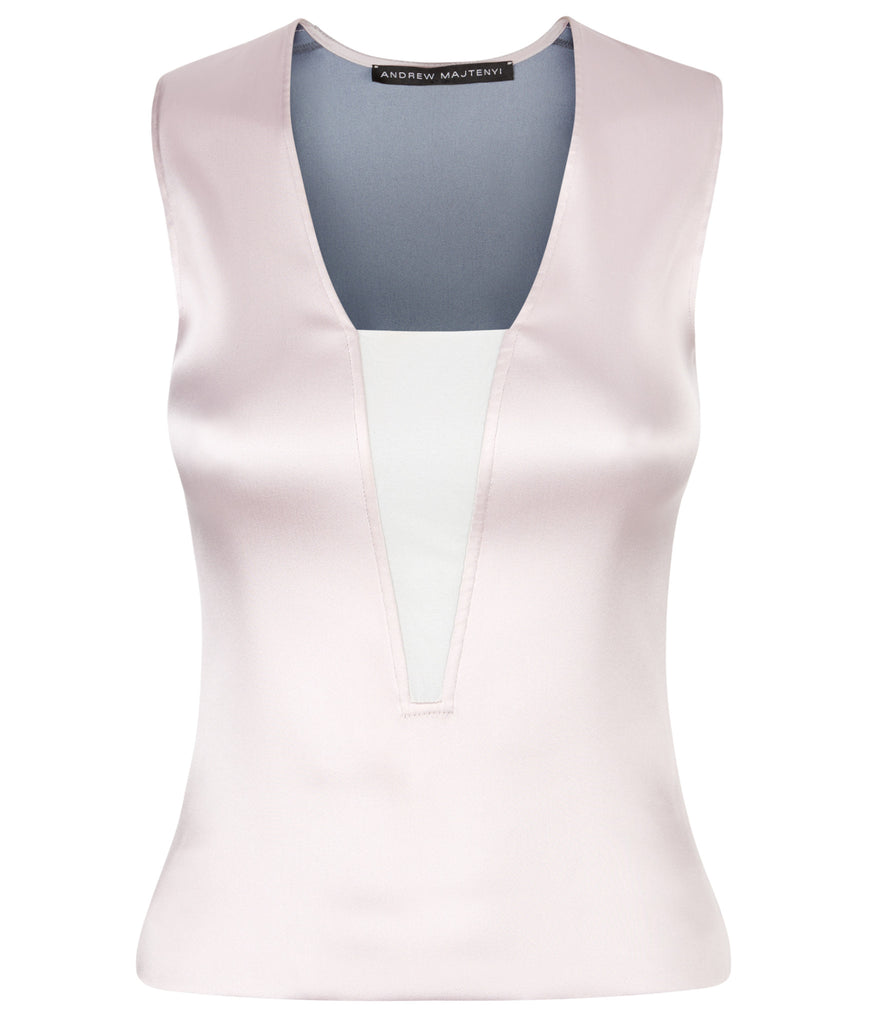 Stretch Tank sleevelss top blouse pink beige shiny satin stretch front image photo picture