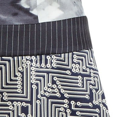 Print collared swing dress knee length black white grey gray silk stretch spandex front close-up image photo picture