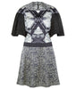 Print collared swing dress knee length black white grey gray silk stretch spandex front image photo picture