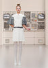 White Collared Swing Dess a-line sequin medium length sleeves stretch silk texture model image photo picture