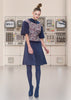 Collared Swing Dress mid-length pleated short sleeve blue satin textured hexagon model image photo picture