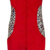 Red Jumpsuit pantsuit one piece velveteen velvet contrast hexagon panel close-up image photo picture