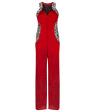 Red Jumpsuit pantsuit one piece velveteen velvet contrast hexagon panel image photo picture