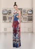 Print Cutted Dress long evening gown sleeveless burgundy red blue beige model image photo picture