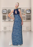 Zoom Dress long formal eveningwear sleevelss blue, stretch hexagon sequin sparkle model image photo picture