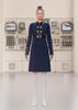 Navy Blue Placket Coat jacket outerwear textured panel pleated button front model image photo picture
