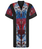 Print Cape long open backless black trim burgundy red blue beige white front image photo picture