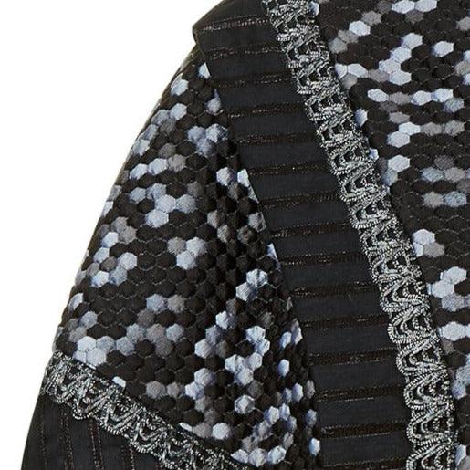 Zip Caper open back black grey gray hexagon solid pleats silver trim front close-up image photo picture