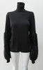 Fluffy Sleeve Top. Extremely soft Cotton/Lycra knit top with 11.5cm high collar. Soft curly sleeve contrast below elbow to cuffs. CB length from neckpoint 64cm. 210g approximate weight. 96% Cotton, 2% Lycra. Contrast 100% Viscose. Dry Clean Only. Made in Canada