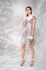 Square Squiggle Dress short sleeves taupe panel beige square texture white lace trim collar model image photo picture