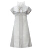 Square Squiggle Dress short sleeves taupe panel beige square texture white lace trim collar  front image photo picture