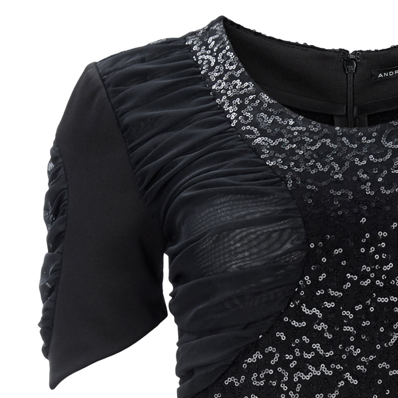 Dark Ruche Dress short sleeve black texture stretch sequin front close-up image photo picture