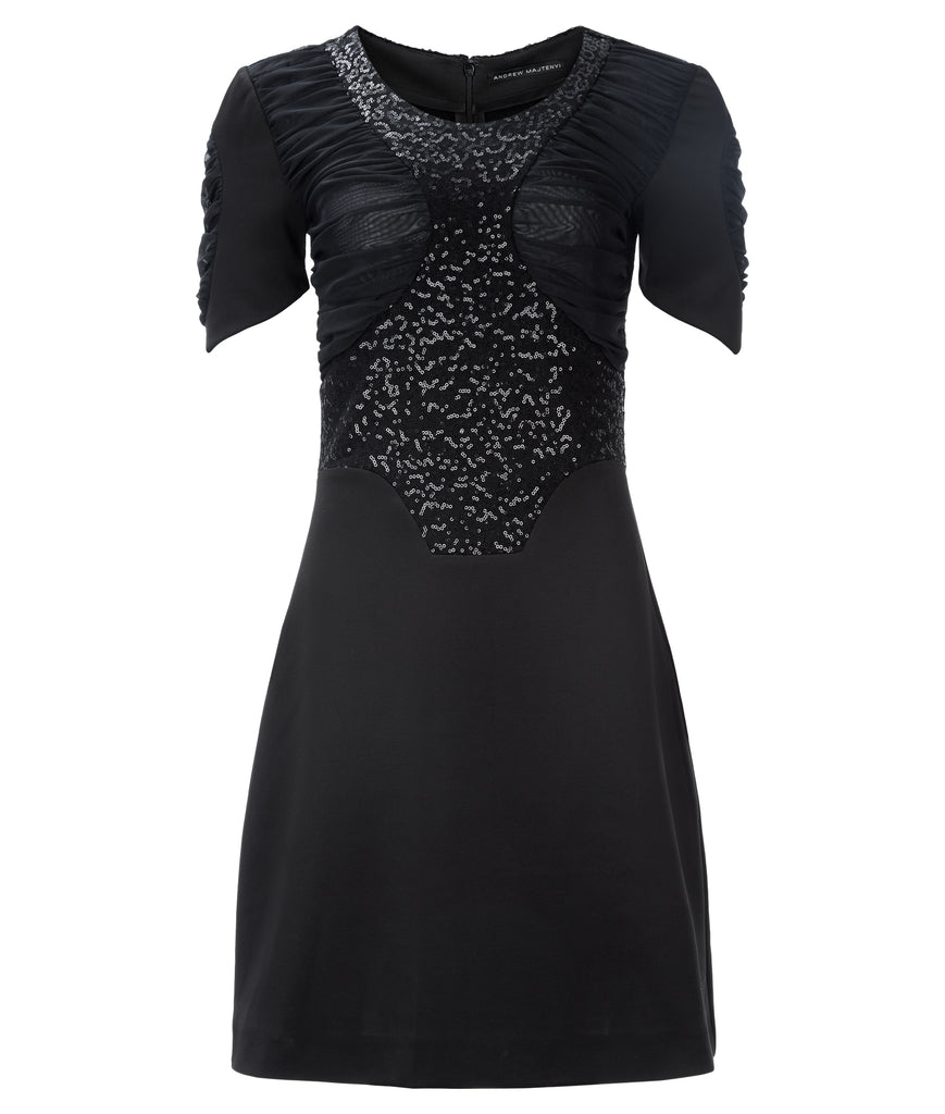 Dark Ruche Dress short sleeve black texture stretch sequin front image photo picture
