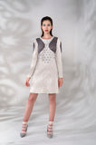 Ruched Dress Beige Textured sleeves stretch blue accents taupe ruche model image photo picture