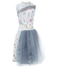 Printed sleeveless Wave Dress formal evening eveningwear watercolours beige blue pink taupe ruche grey tulle front image photo picture