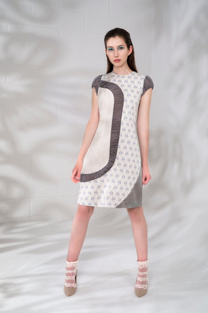 Side Curve Dress panel stretch taupe ruche blue beige model image photo picture