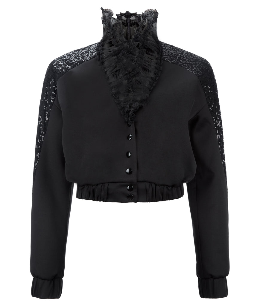Dark Bomber Jacket crop coat outerwear black sequin lace snaps front image photo picture