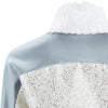 Bomber Jacket crop coat outerwear silver sparkle beige gray grey contrast lace collar snaps back close-up image photo picture