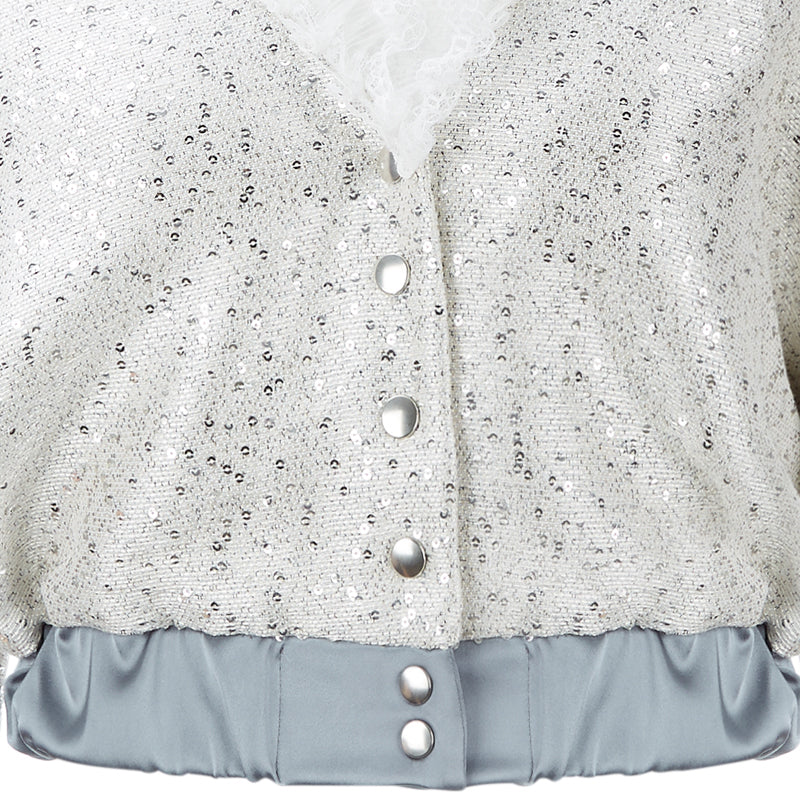 Bomber Jacket crop coat outerwear silver sparkle beige gray grey contrast lace collar snaps front close-up image photo picture