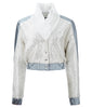 Bomber Jacket crop coat outerwear silver sparkle beige gray grey contrast lace collar snaps front image photo picture
