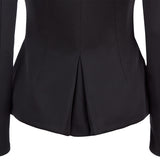 Dark Corset Jacket godet dropped neckline black stretch satin lower back close-up image photo picture