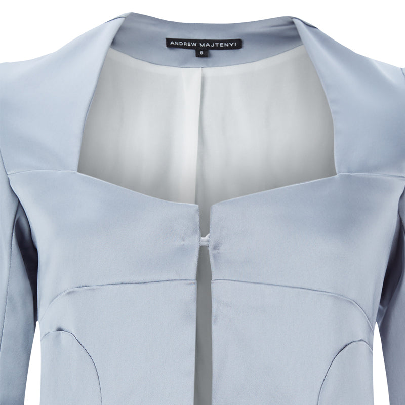 Corset Jacket godet dropped neckline grey gray stretch satin front close-up image photo picture