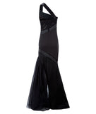 Black sequin and multipanel satin dress with black left thigh gathered tulle with clear bead accent, single strap and conceal zip closure. 62% Viscose, 3% Elastine, 35% Polyethylene. Contrast: 95% Polyester, 5% Spandex. Lining: 100% Viscose. Dry Clean only. Made in England