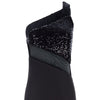 Black sequin and multipanel satin dress with black left thigh gathered tulle with clear bead accent, single strap and conceal zip closure. 62% Viscose, 3% Elastine, 35% Polyethylene. Contrast: 95% Polyester, 5% Spandex. Lining: 100% Viscose. Dry Clean only. Made in England