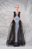 [Sample] Full length gown-style dress in floral & drop print. Plenty of tulling on sides and ruching around bust area. 750g approximate weight. 97% Rayon, 3% Lycra. Contrast: 97% Polyeater, 3% Elastine. Dry Clean Only. Made in England