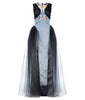 [Sample] Full length gown-style dress in floral & drop print. Plenty of tulling on sides and ruching around bust area. 750g approximate weight. 97% Rayon, 3% Lycra. Contrast: 97% Polyeater, 3% Elastine. Dry Clean Only. Made in England