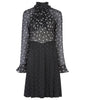 Medium length long sleeve dress featuring high ruched collar and gathered front bodice to waist panel. Sheer black with white tri-circular design. Slight fraying on collar natural part or ruching effect. Fully pleated below waist panel in solid black textured fabric. 700g approximate weight. 93% Acrylic, 7% Lycra. Contrast: 81% Polyester, 14% Polyamide, 5% Elastine. Dry Clean Only.  Made in England