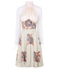 Medium length Collared Corset Dress in pale pink ruched collar and upper bodice. Slight floral design centre panel and pleats below waitline. Long sleeves and CB zipper. 800g approximate weight. 41% Polyester, 26% Acrylic, 26% Wool, 7% Polyamide Contrast 90% Polyester, 10% Nylon Dry Clean Only. Made in England