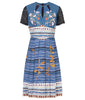 Sample sold as-is. Mid-length dress in full desert inspired print. Tri-point neck design with drawstring. Full pleats below waist panel. Contrast black faux leather textured sleeves. CB invisible zipper. 700g approximate weight. 100% Polyester. Contrast: 100% Cotton Dry Clean Only. Made in England