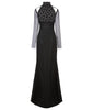 Tri Point Dress evening gown sheer long sleeve black contrast weave white flower back image photo picture