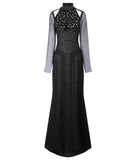 Tri Point Dress evening gown sheer long sleeve black contrast weave white flower front image photo picture