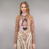 Print Tri-Point Dress. Sample sold as-is, no return, no refund. Contrast sequined and beaded gold lace contrast panels. Subtle floral print design on bodice. Full pleats below hip. CB invisible zipper. High ruched collar.
