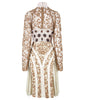 Print Tri-Point Dress. Sample sold as-is, no return, no refund. Contrast sequined and beaded gold lace contrast panels. Subtle floral print design on bodice. Full pleats below hip. CB invisible zipper. High ruched collar.