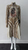Floral Tri-Point Swing Dress. Intese pleated A-line pleated swing dress in Beige. Contrast sequined and beaded gold lace contrast panels. Subtle floral design on bodice. Full pleats below hip. CB invisible zipper. High ruched collar 6.5cm height. CB length from neck point 105cm. 1kg approximate weight. 100% Polyester, Contrast: 41% Polyester, 26% Acrylic, 26% Wool, 7% Polyamide Lining: 100% Rayon. Dry Clean Only. Made in England