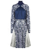 Elegant sequined lace dress in blue satin panel contrast and beige satin pleats. Ruched neckline with natural fraying effect. CB invisible zipper. 1.1kg approximage weight. 100% Polyester. Contrast: 81% Polyester, 14% Polyamide, 5% Elastine Dry Clean Only. Made in England