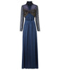 Full length long sleeved blue dress featuring pleats and gathers above and beyond waist panel. Glitzy bust area in shiny metallic textured fabric. High ruched collar, with loosing top threads as a natural effect of ruching process. CB zipper. 800g approximate weight. 100% Polyester. Contrast: 90% Polyester, 10% Nylon. Dry Clean Only. Made in England