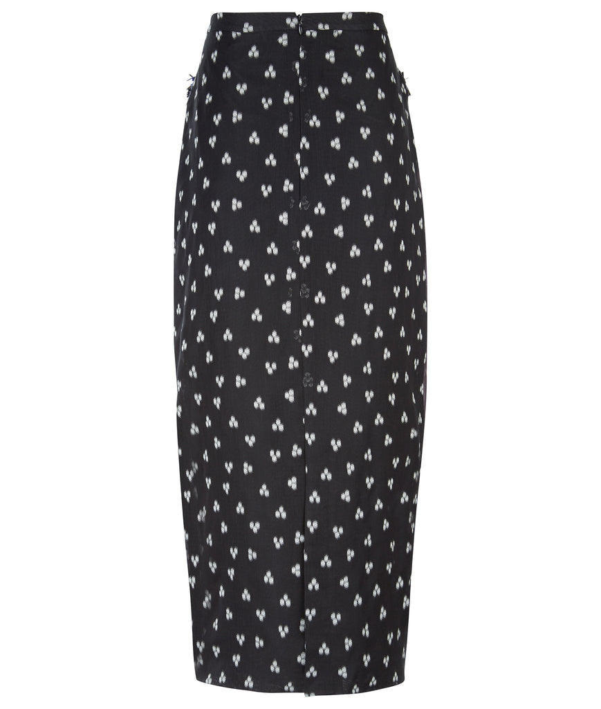 3/4 length skirt in sheer black with white geometric fabric design. Print on side panels featuring embellished linear sequin trim on side front panels. 00% Polyester. Contrast: 48% Polyester, 34% Cotton, 18% Nylon Dry Clean Only. Made in England